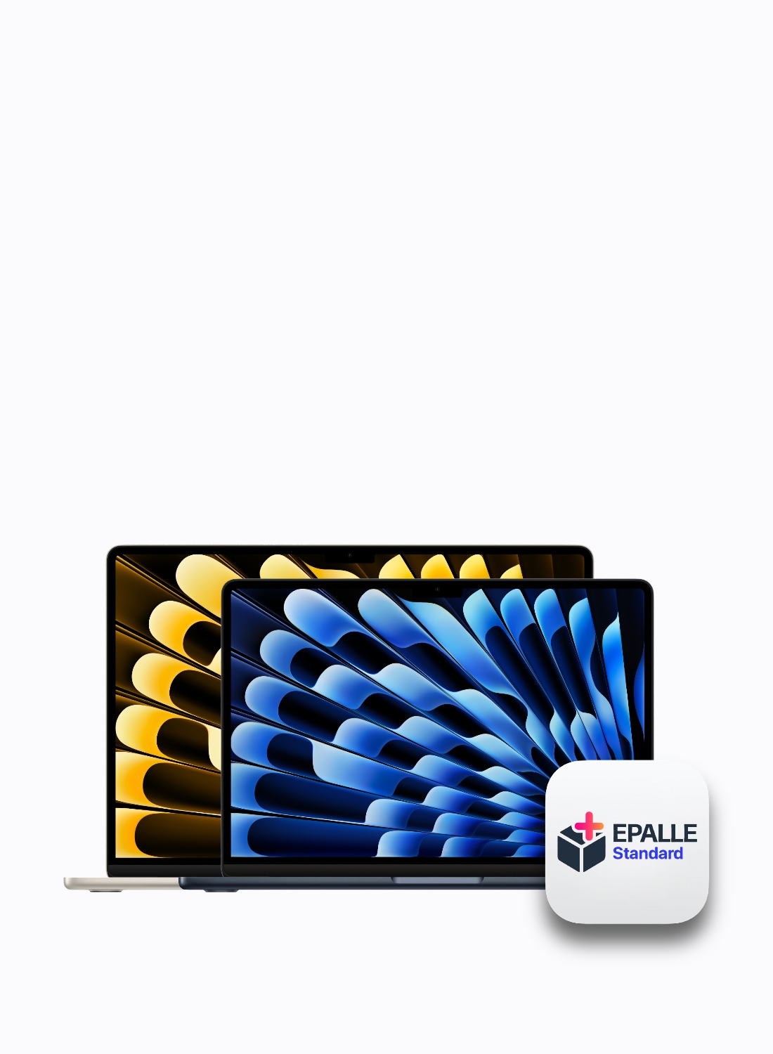 תגית האחריות הסטנדרטית Epalle Standard על רקע MacBook Air M2